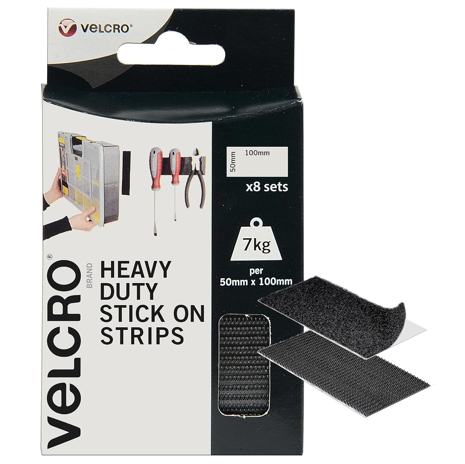 VELCRO® Brand Heavy Duty Stick On Strips 50mm x 100mm x 8 sets