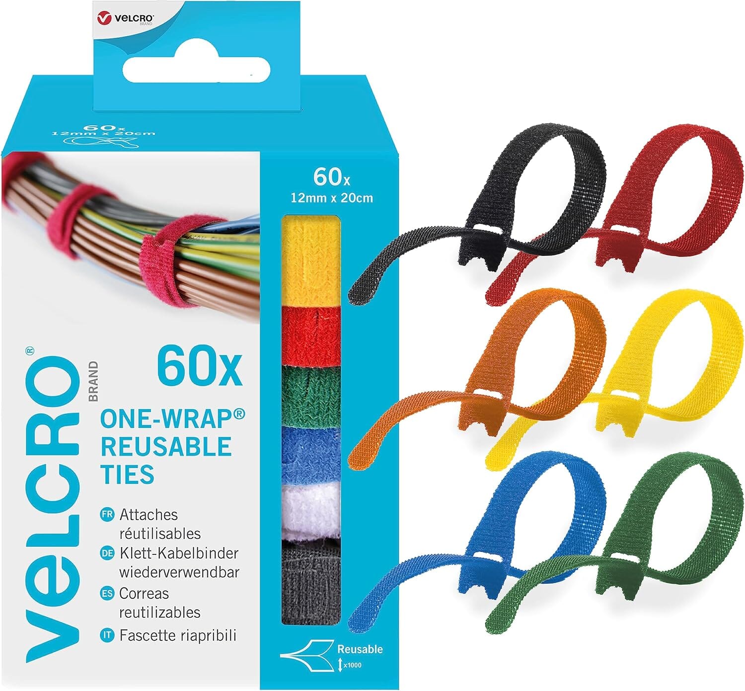 VELCRO® Brand Reusable Ties - Multi-Colour 12mm x 20cm x 60