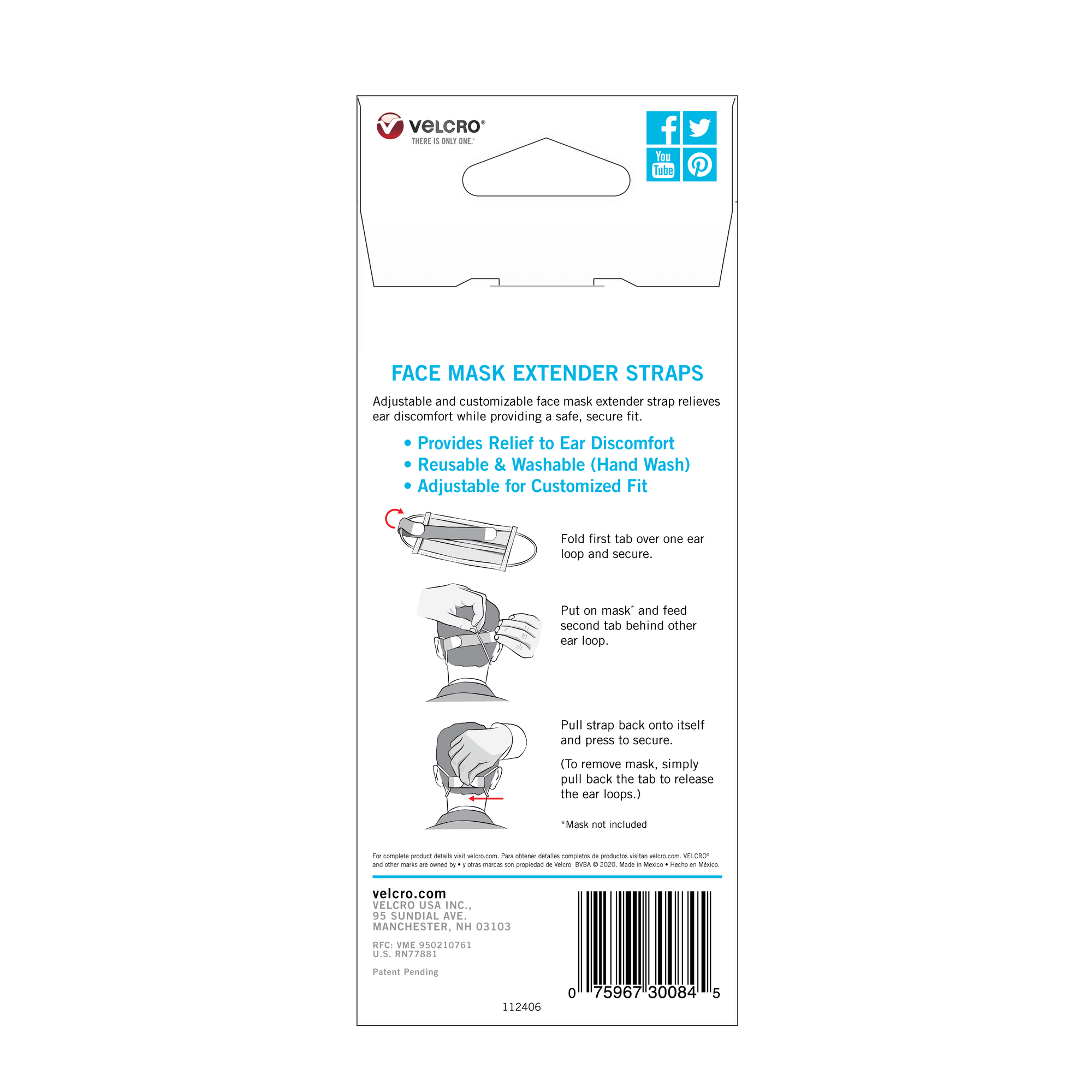 VELCRO® Brand Face Mask Extender Straps, 4 Pack, Black